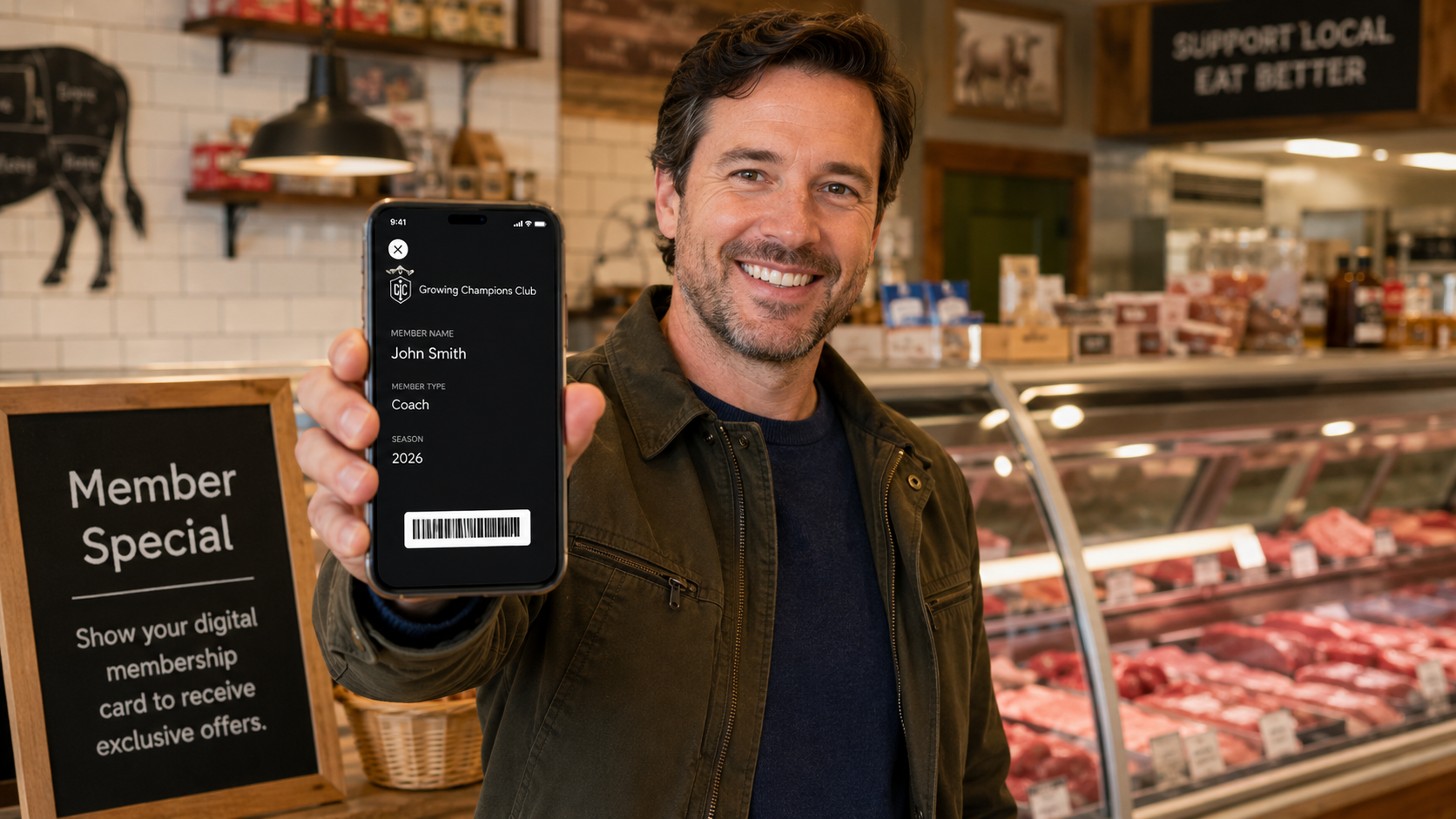 Parent showing a Growing Champions digital membership card at a local butcher member special