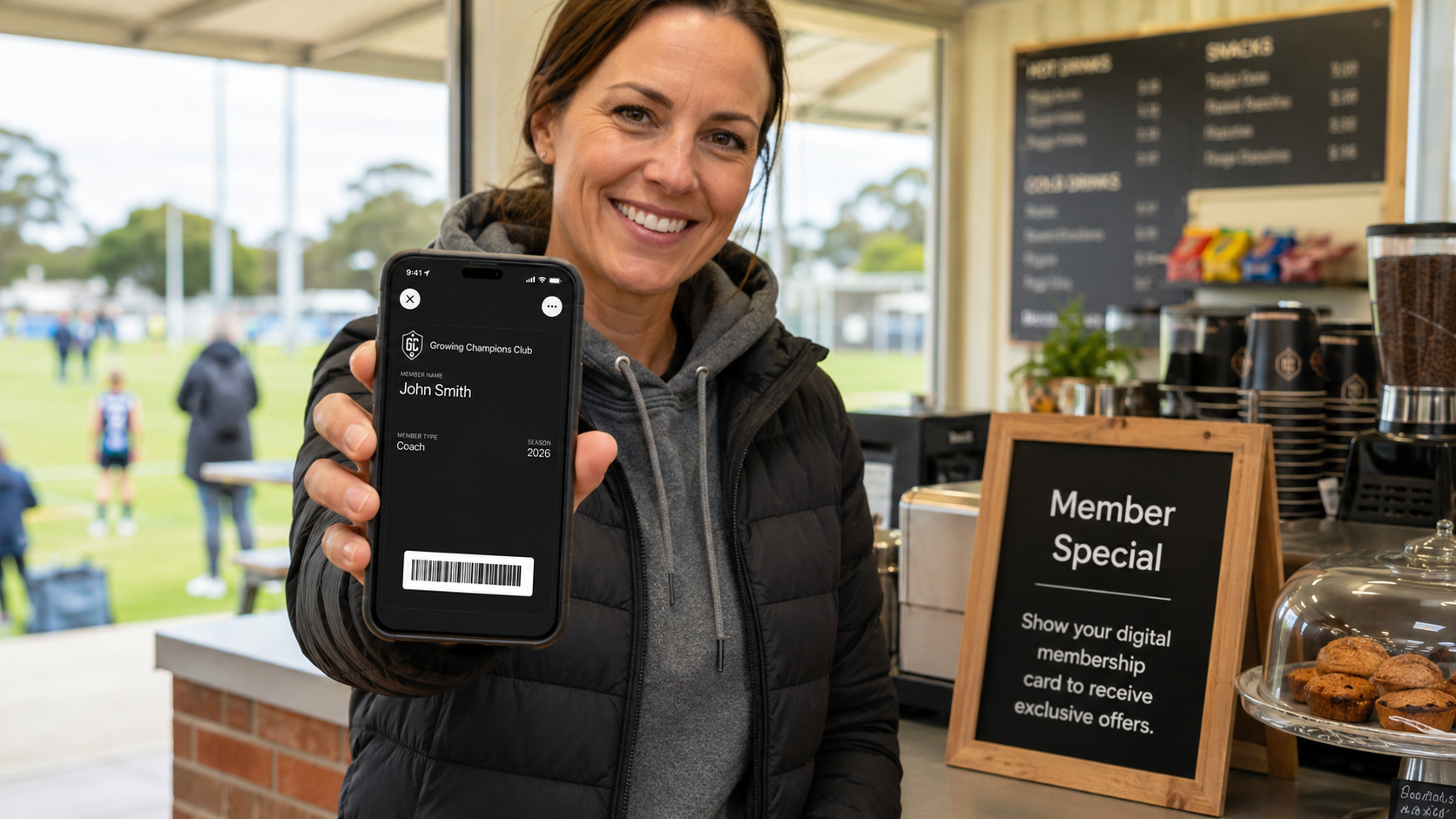 Parent showing a Growing Champions digital membership card at a club canteen